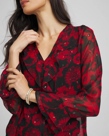 Chico's Women | Georgette Clip Dot Ruffle Blouse CARMINE RED
