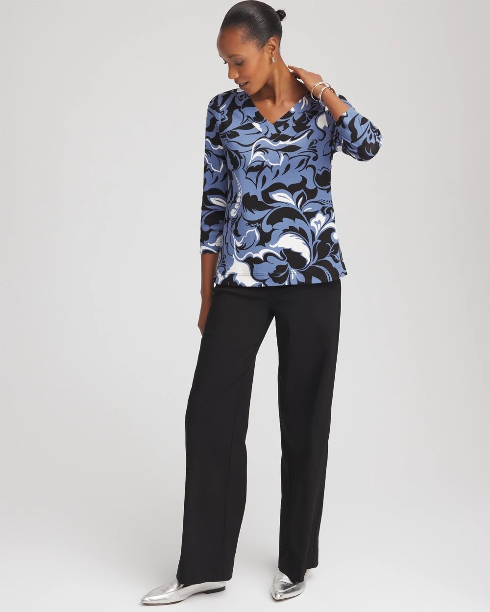 Chico's Women | Pima Cotton Floral 3/4 Sleeve Tee BLUE LOTUS