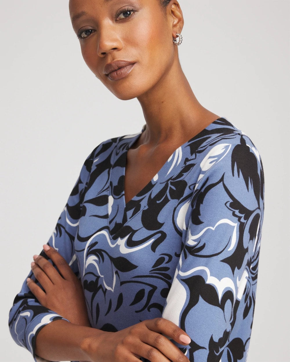 Chico's Women | Pima Cotton Floral 3/4 Sleeve Tee BLUE LOTUS