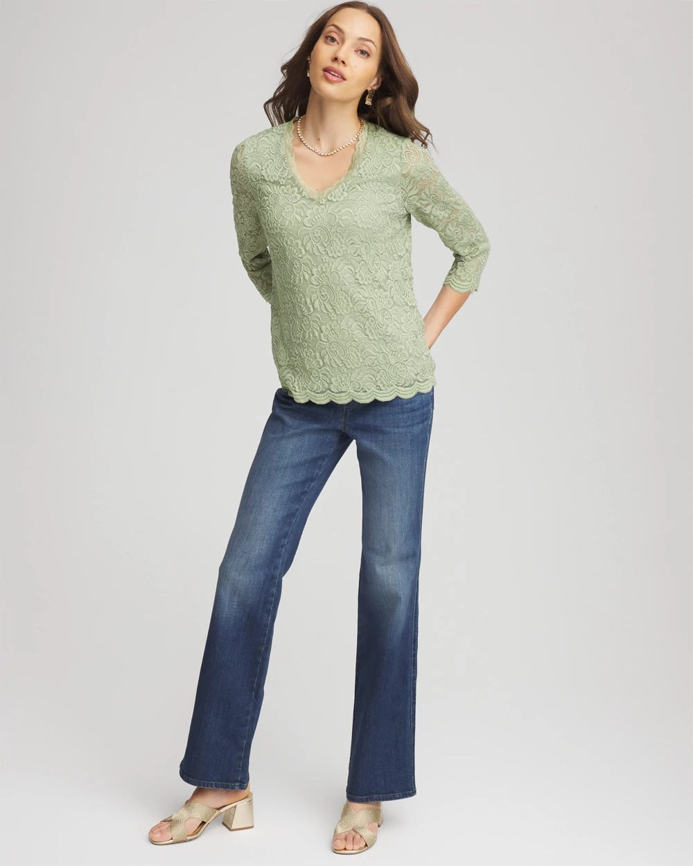 Chico's Women | Lace Scallop-Hem Knit Tee SAGE MEADOW