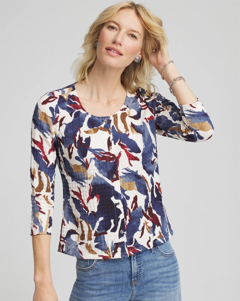 Chico's Women | Printed Textured Scoopneck Cardigan ECRU
