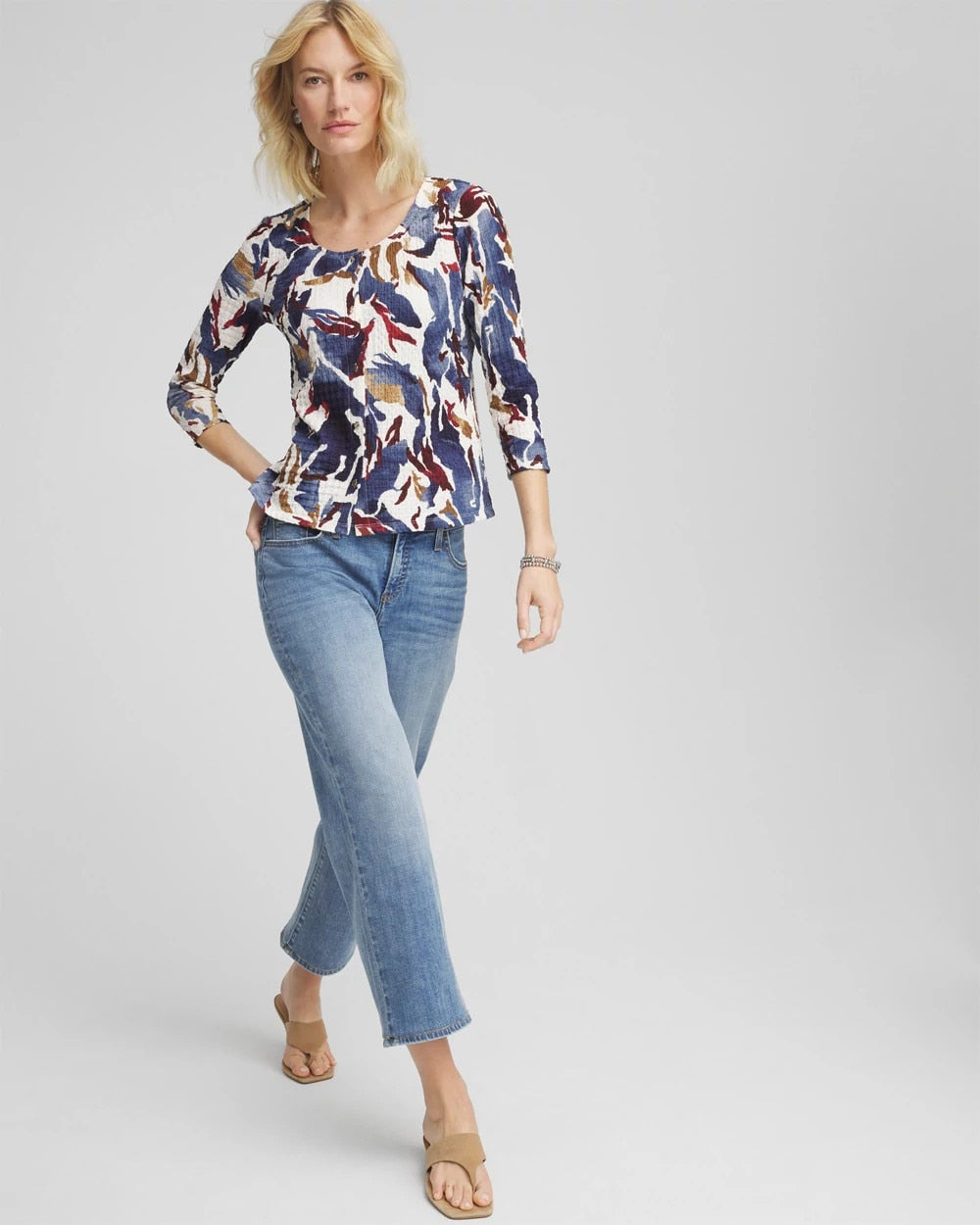 Chico's Women | Printed Textured Scoopneck Cardigan ECRU