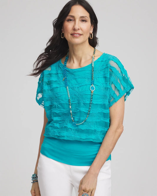 Chico's Women | Embroidered Striped Banded Bottom Top SEASPRAY