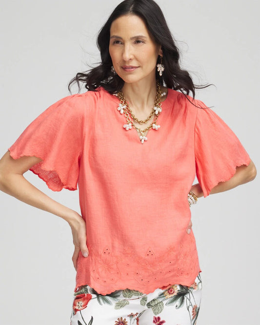 Chico's Women | Linen Embroidered Hem Blouse MELON MAMBO