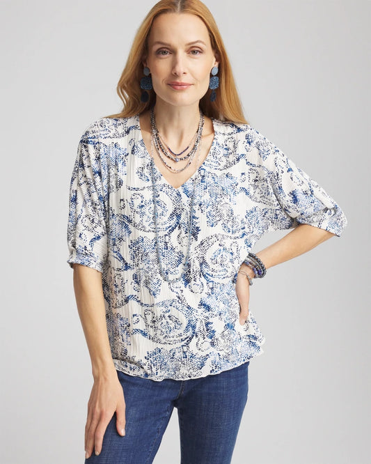 Chico's Women | Snakeskin Print Crinkle Elbow Sleeve Tee ENGLISH CREAM