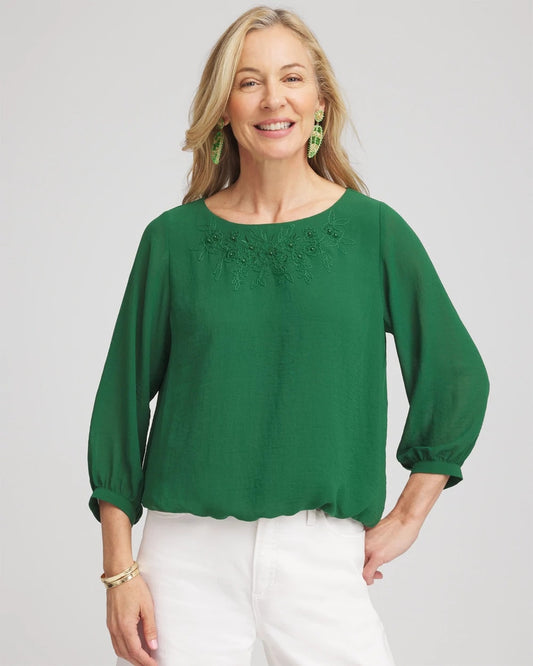 Chico's Women | Embroidered Crinkle Chiffon Blouse PALM LEAF