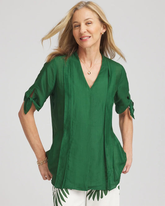 Chico's Women | Cotton Voile & Silk Pleated Blouse PALM LEAF