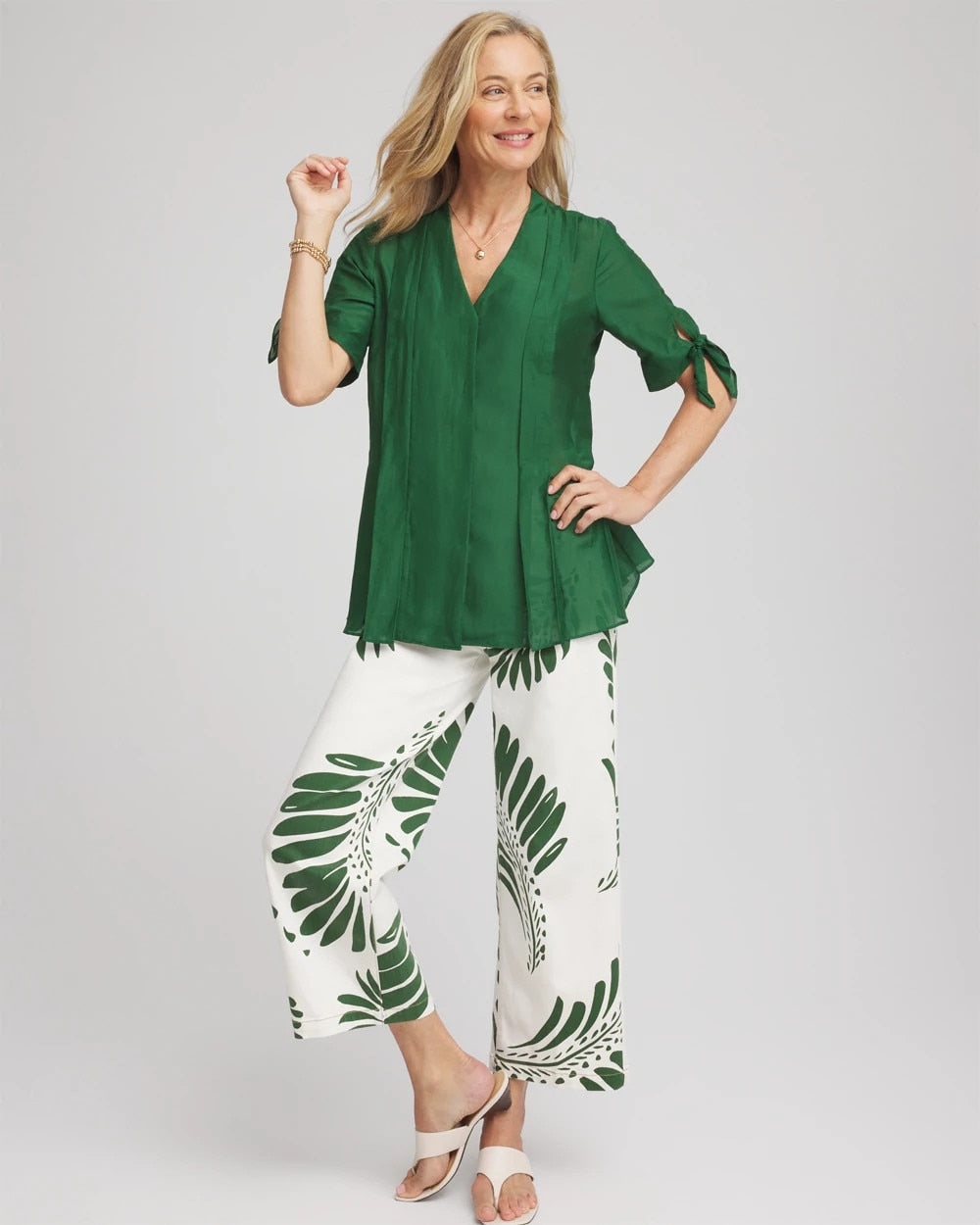 Chico's Women | Cotton Voile & Silk Pleated Blouse PALM LEAF