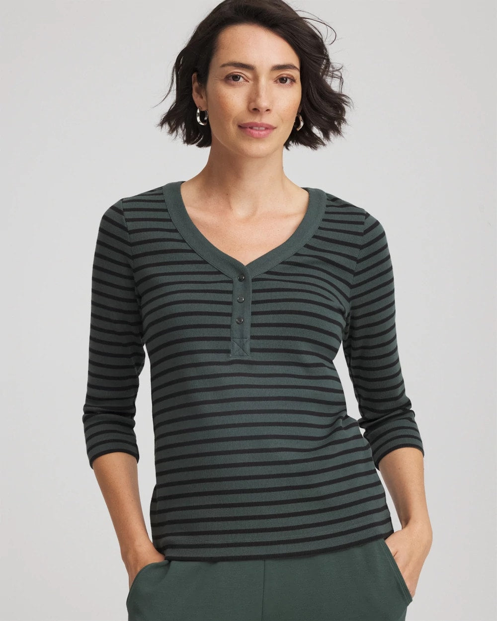 Chico's Women | Zenergy® Ribbed Striped Henley Tee DARKEST SPRUCE