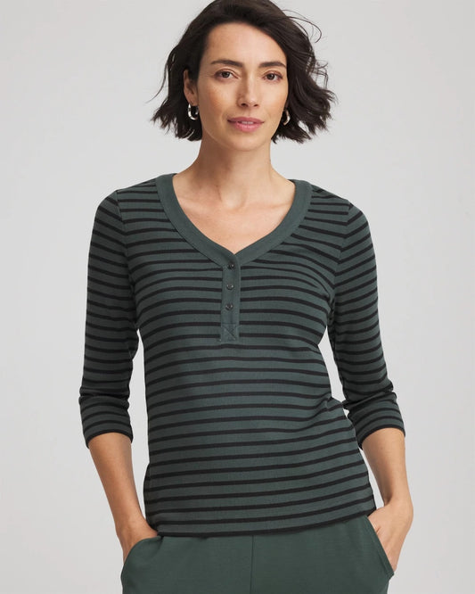 Chico's Women | Zenergy® Ribbed Striped Henley Tee DARKEST SPRUCE