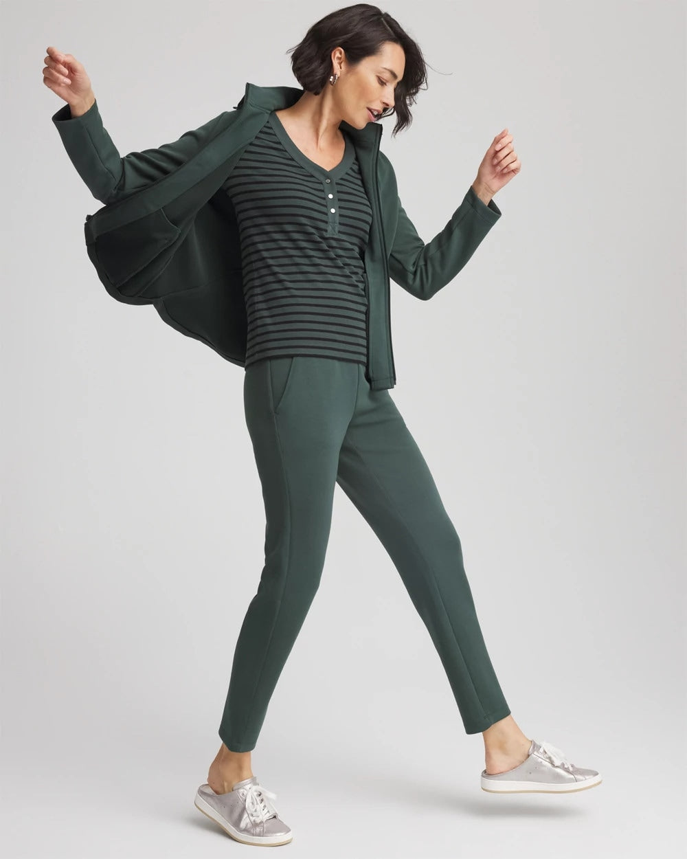 Chico's Women | Zenergy® Ribbed Striped Henley Tee DARKEST SPRUCE