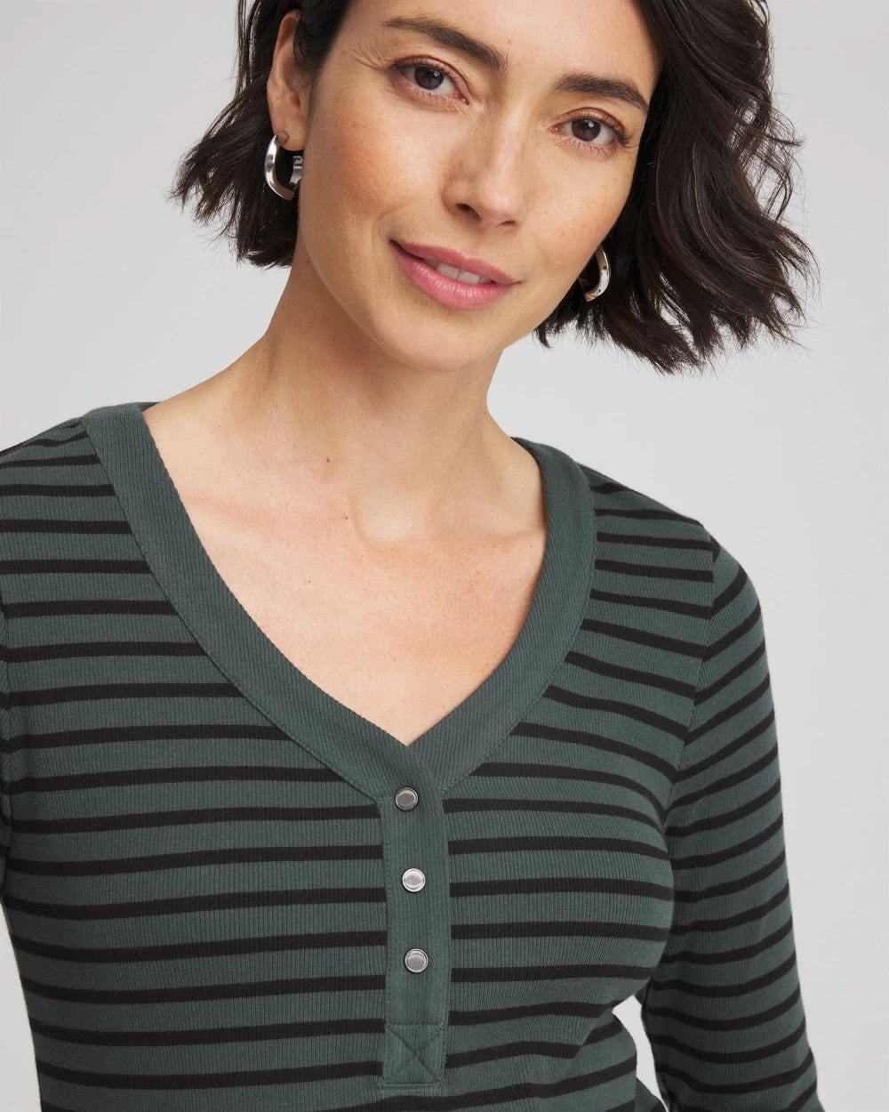 Chico's Women | Zenergy® Ribbed Striped Henley Tee DARKEST SPRUCE