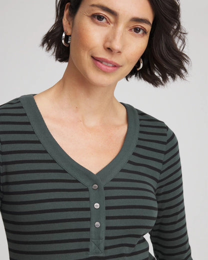 Chico's Women | Zenergy® Ribbed Striped Henley Tee DARKEST SPRUCE