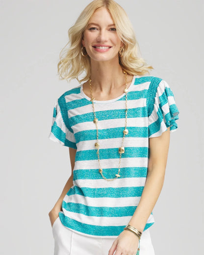 Chico's Women | Linen Metallic Striped Flutter-Sleeve Tee SEASPRAY