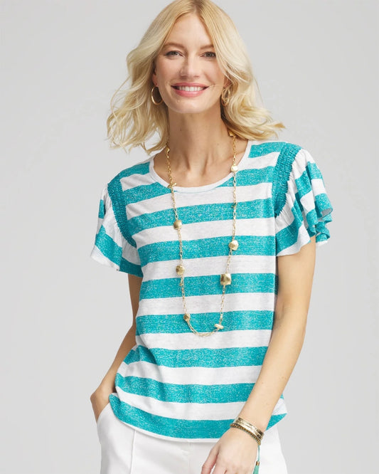 Chico's Women | Linen Metallic Striped Flutter-Sleeve Tee SEASPRAY