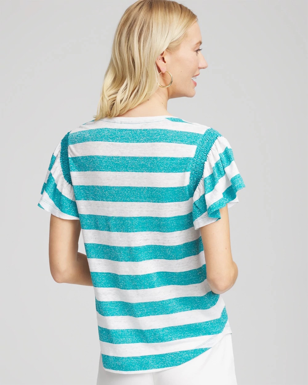 Chico's Women | Linen Metallic Striped Flutter-Sleeve Tee SEASPRAY