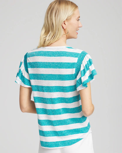 Chico's Women | Linen Metallic Striped Flutter-Sleeve Tee SEASPRAY