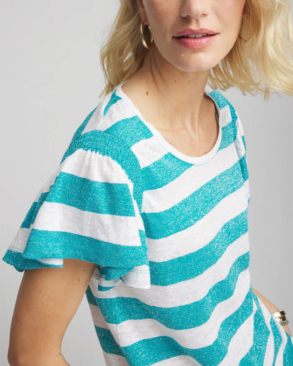 Chico's Women | Linen Metallic Striped Flutter-Sleeve Tee SEASPRAY