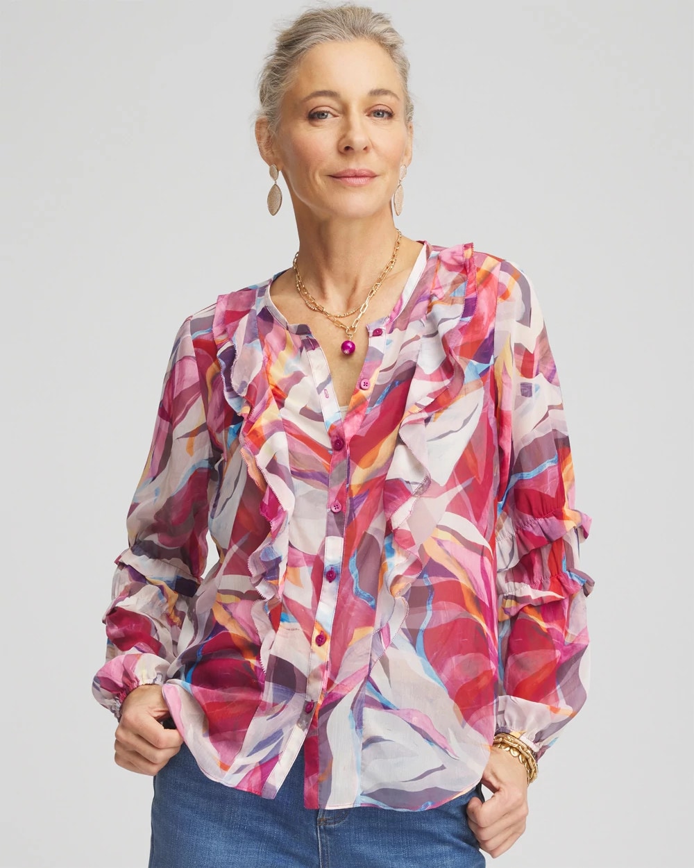 Chico's Women | Abstract Ruffles Crinkle Blouse SWEET BERRY