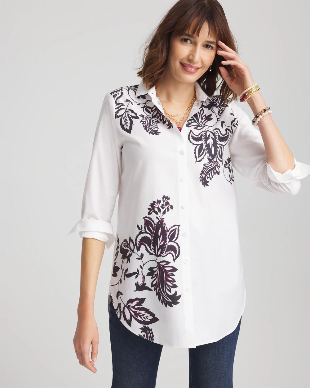 Chico's Women | No Iron™ Floral Stretch Tunic OPTIC WHITE