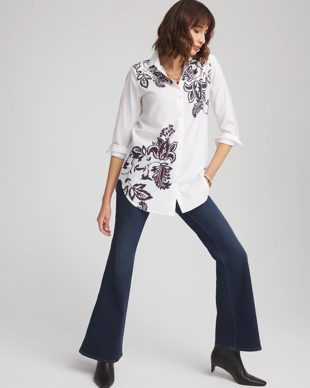 Chico's Women | No Iron™ Floral Stretch Tunic OPTIC WHITE