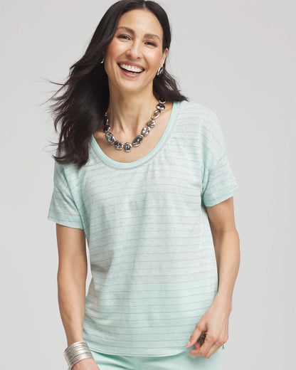 Chico's Women | Striped Sweater-Trim Linen Tee TEAL WATERS