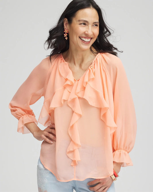 Chico's Women | Georgette Sheer Ruffle Blouse CORAL BLOSSOM