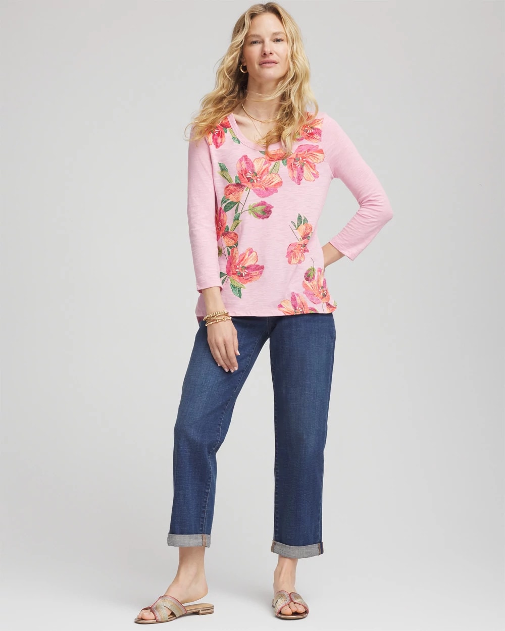 Chico's Women | Floral 3/4 Sleeve Tee ROSE SHADOW