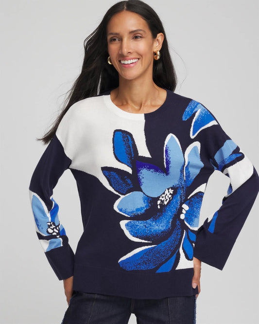 Chico's Women | Floral Intarsia Crewneck Pullover TIDAL BLUE
