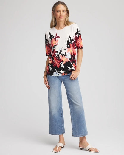 Chico's Women | Floral Print Crewneck Sweater ECRU