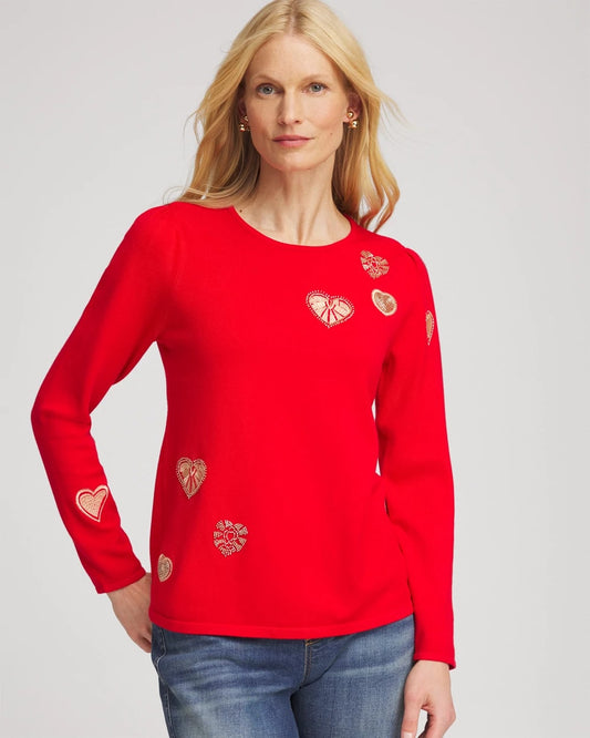 Chico's Women | V-Day Embroidered Heart Pullover LOVE LETTER RED