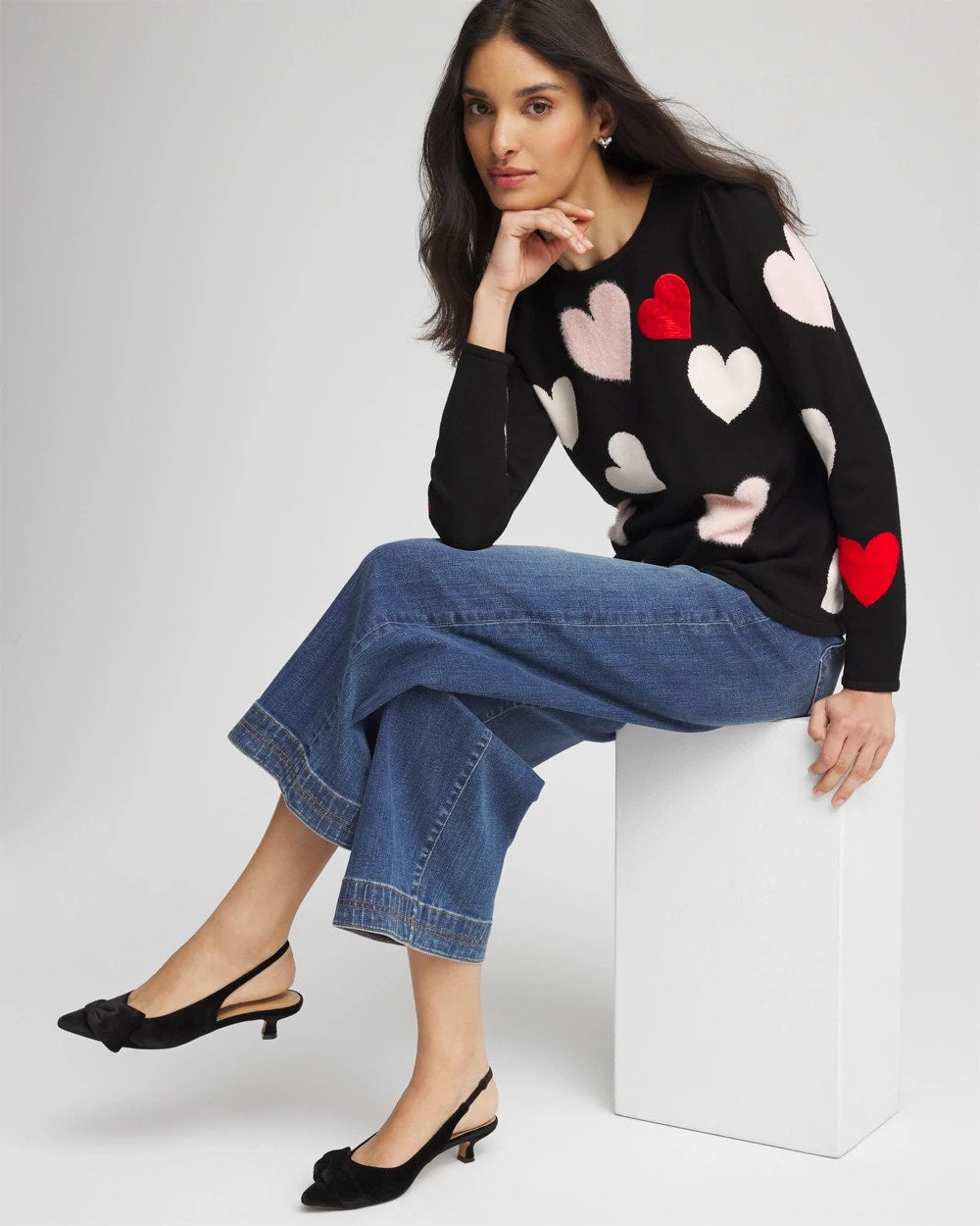 Chico's Women | V-Day Multi-Heart Pullover BLACK