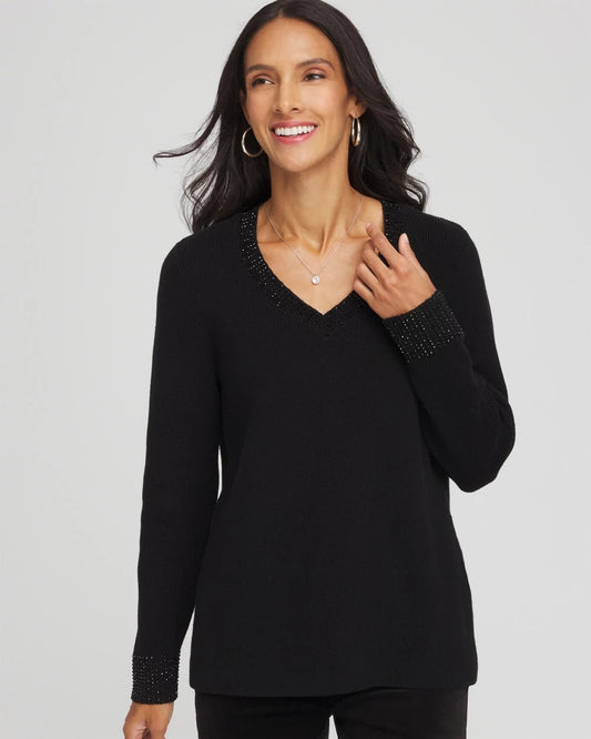 Chico's Women | Embellished V-Neck Pullover Sweater BLACK