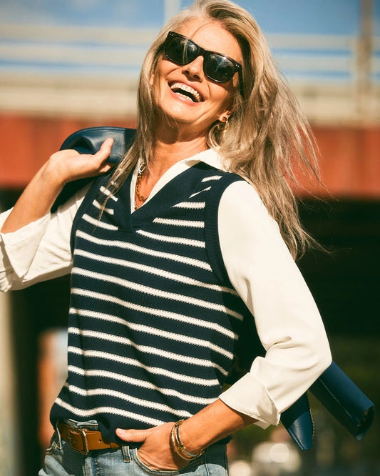 Chico's Women | Striped V-Neck 2 in 1 Sweater Vest PASSPORT BLUE