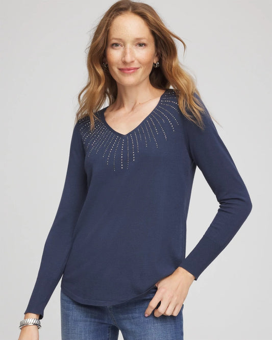 Chico's Women | Ella Embellished V-Neck Sweater INDIGO SKY