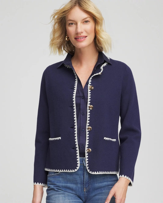 Chico's Women | Blanket Stitch Crewneck Cardigan PASSPORT BLUE