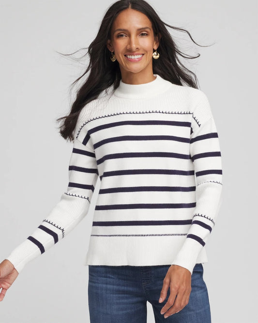 Chico's Women | Striped Relaxed Mockneck Pullover ECRU