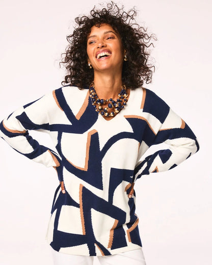 Chico's Women | Geo Intarsia V-Neck Tunic PASSPORT BLUE
