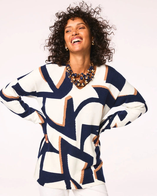 Chico's Women | Geo Intarsia V-Neck Tunic PASSPORT BLUE