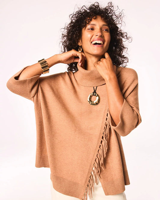 Chico's Women | Cowlneck Knit Fringe Poncho FAUX CREME COFFEE HEATHER