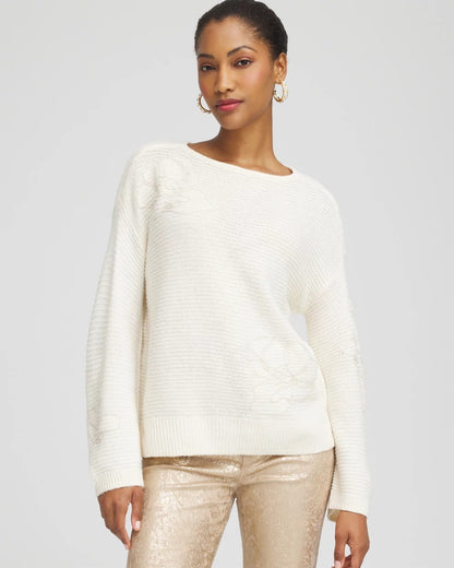Chico's Women | Tonal Embroidered Boatneck Pullover Sweater ENGLISH CREAM