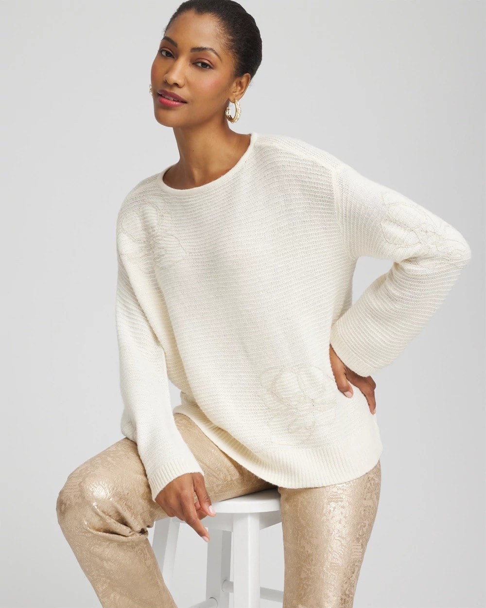 Chico's Women | Tonal Embroidered Boatneck Pullover Sweater ENGLISH CREAM