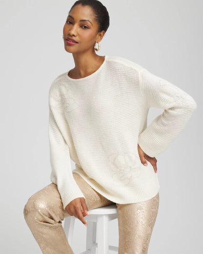 Chico's Women | Tonal Embroidered Boatneck Pullover Sweater ENGLISH CREAM