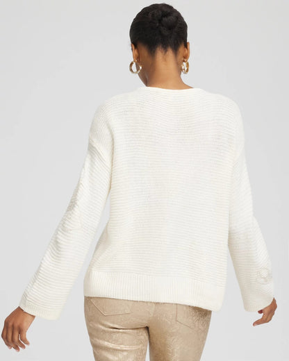 Chico's Women | Tonal Embroidered Boatneck Pullover Sweater ENGLISH CREAM