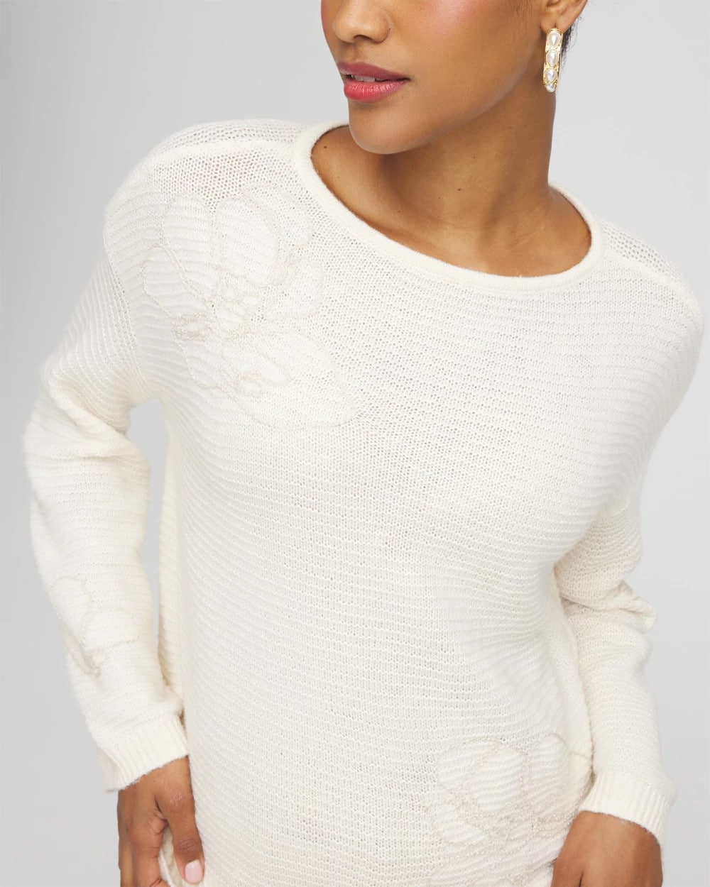 Chico's Women | Tonal Embroidered Boatneck Pullover Sweater ENGLISH CREAM