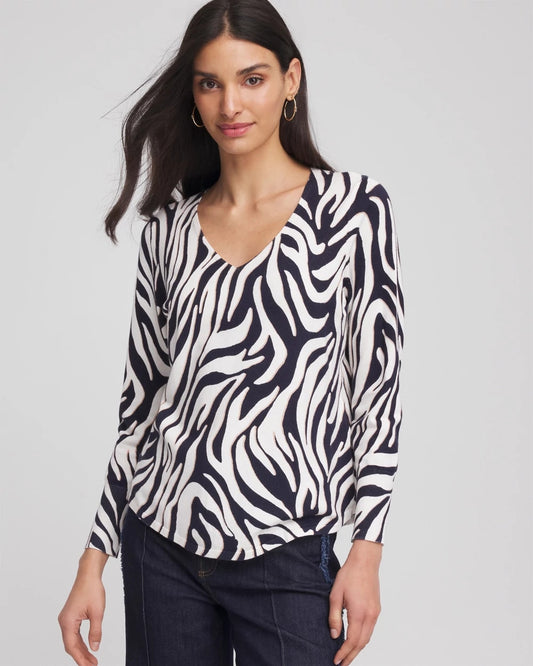 Chico's Women | Ella Zebra V-Neck Pullover Sweater PASSPORT BLUE