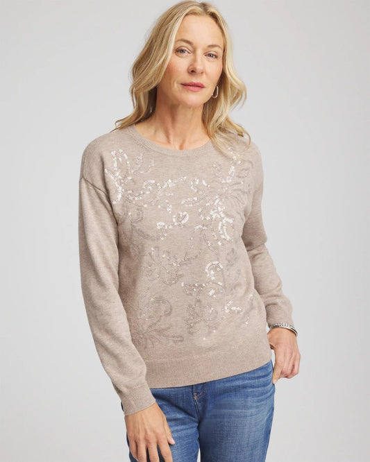 Chico's Women | Floral Sequined Pullover SMOKEY TAUPE