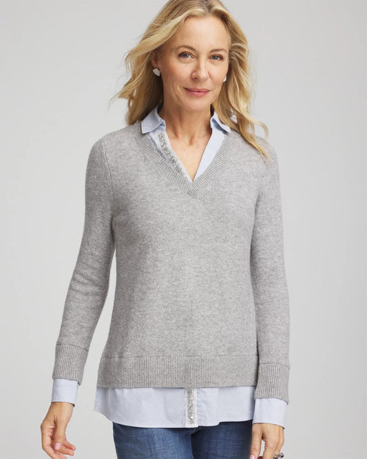 Chico's Women | Sequin Built-In Shirt Knit Sweater GRAY
