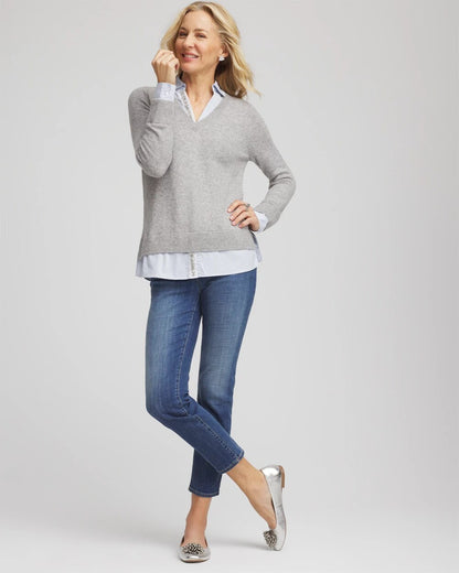 Chico's Women | Sequin Built-In Shirt Knit Sweater GRAY