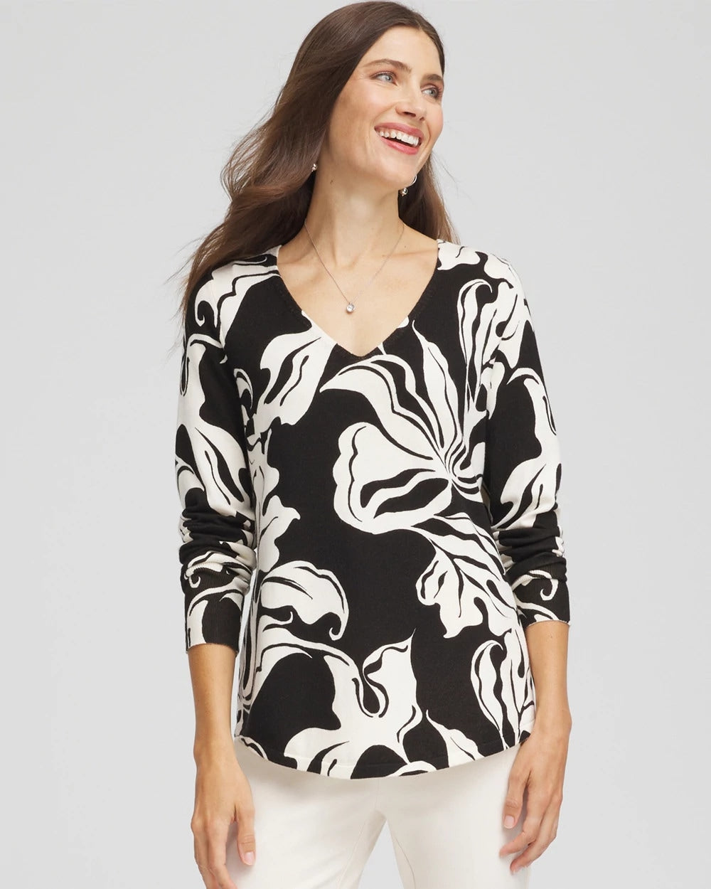 Chico's Women | Ella Printed V-Neck Sweater BLACK
